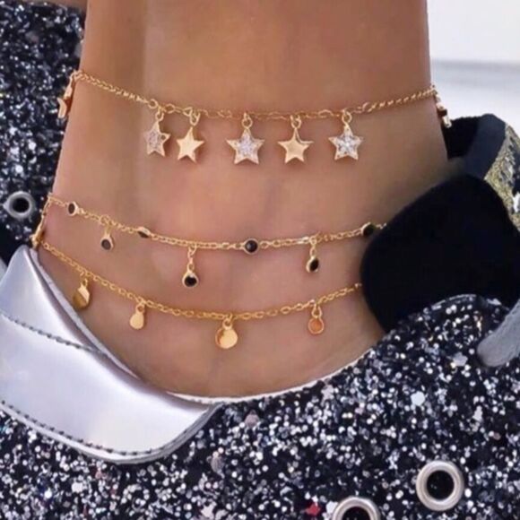 Gold Charming Stacking Anklet Set of 3 NEW - Picture 1 of 4